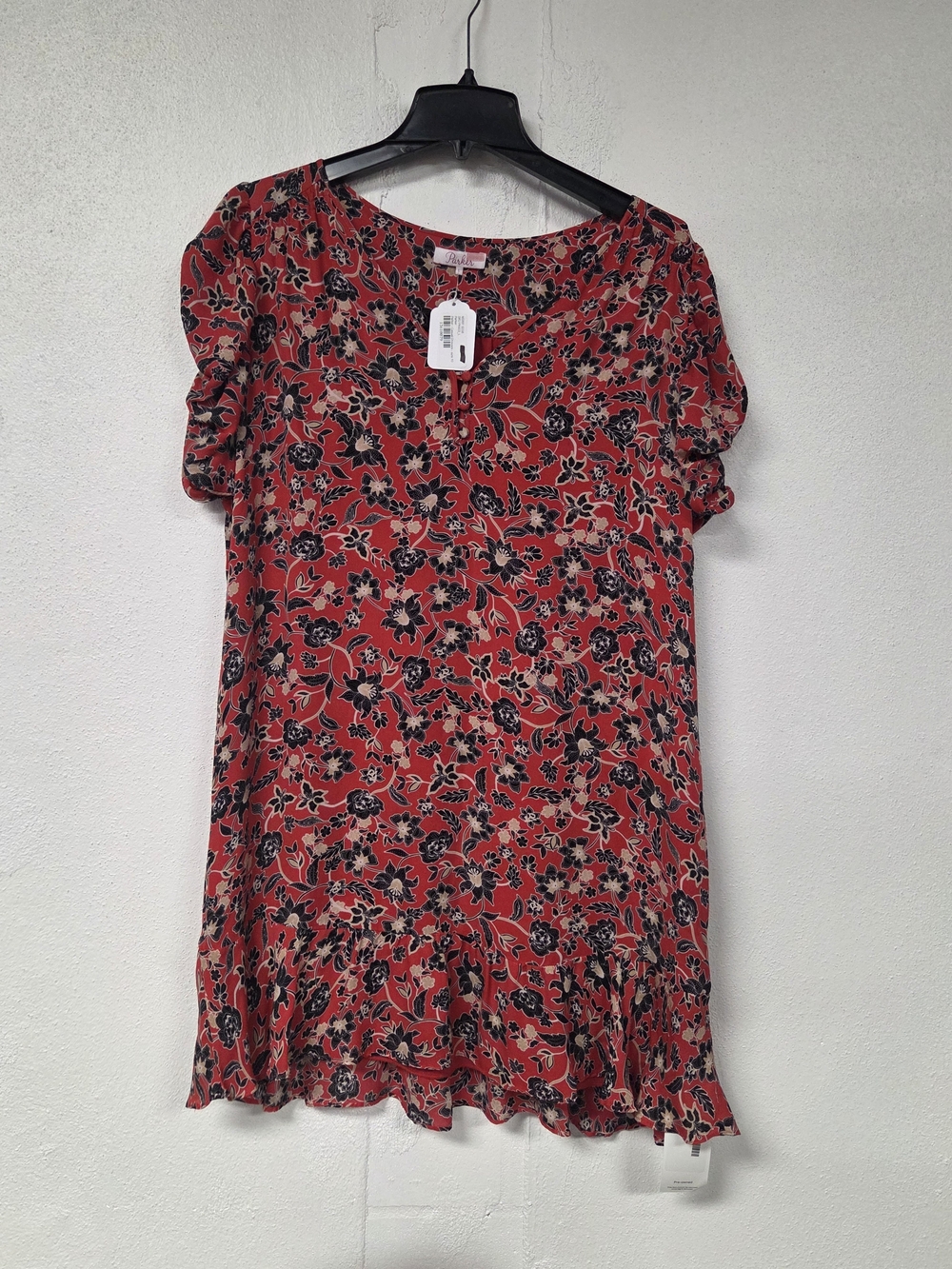 Floral Red Short-Sleeve Ruffled Hem Dress (Parker)